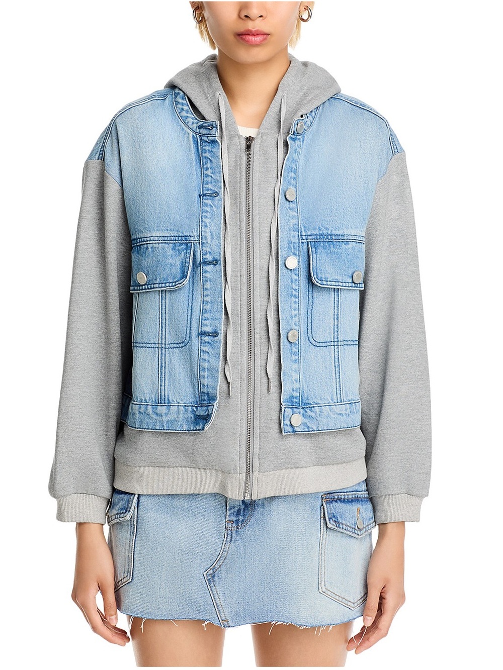 Blank NYC Light Blue Multi Media Denim Hoodie Jacket Size Small BNWT